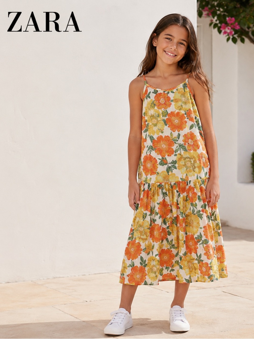 NWT Zara Girls Floral Sundress - Orange and Yellow